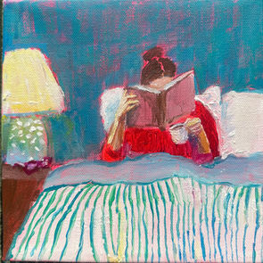 painting of woman reading in bed