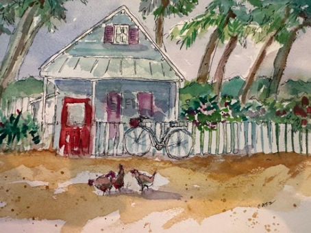 watercolor painting of shack in Key West, Florida, with a bicycle and chickens out front
