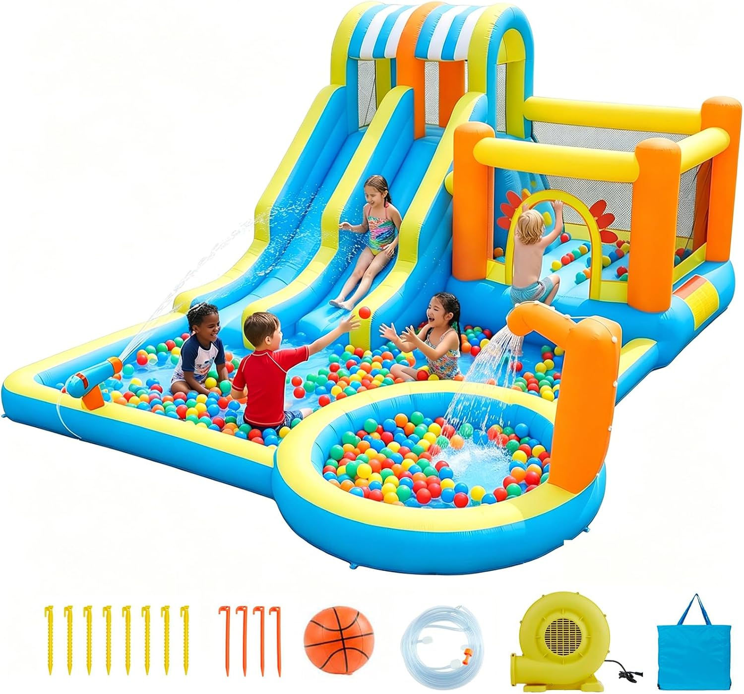 8-in-1 Inflatable Bounce House, Dual Slides Bouncy Castle with Ball Pit, Climbin