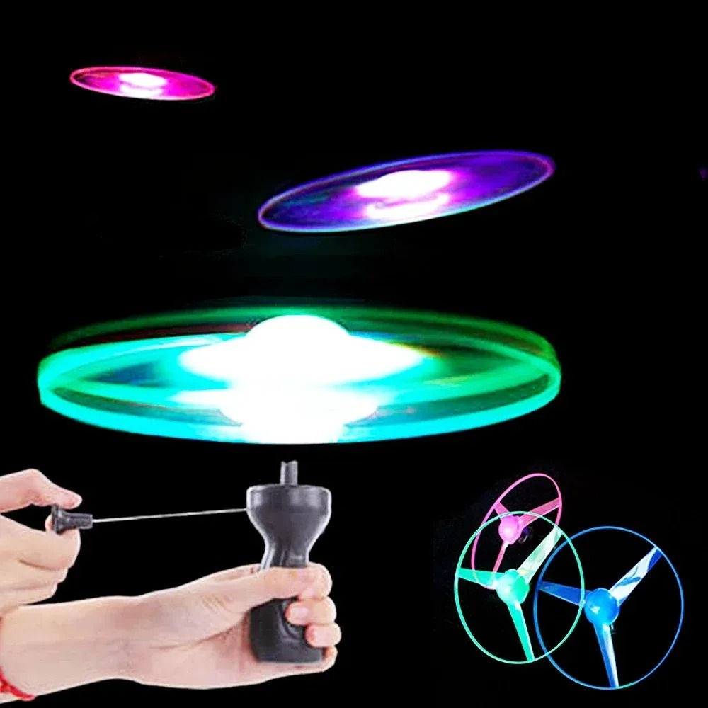 Lighting Flying Disc Propeller Toy with Pull String Luminous UFO Spinning Top Ou