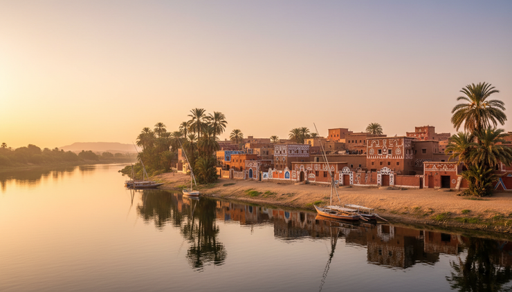Wide-angle view of a Nubian village near the Nile River at sunrise