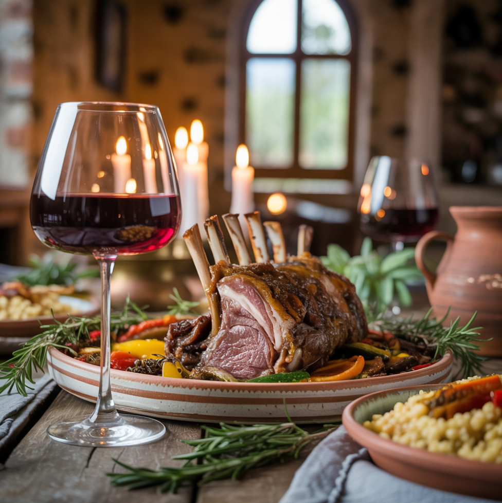 a glass of grenache next to bold Mediterranean dishes and grilled meats which help to highlight fuller body and moderate spice notes of the wine