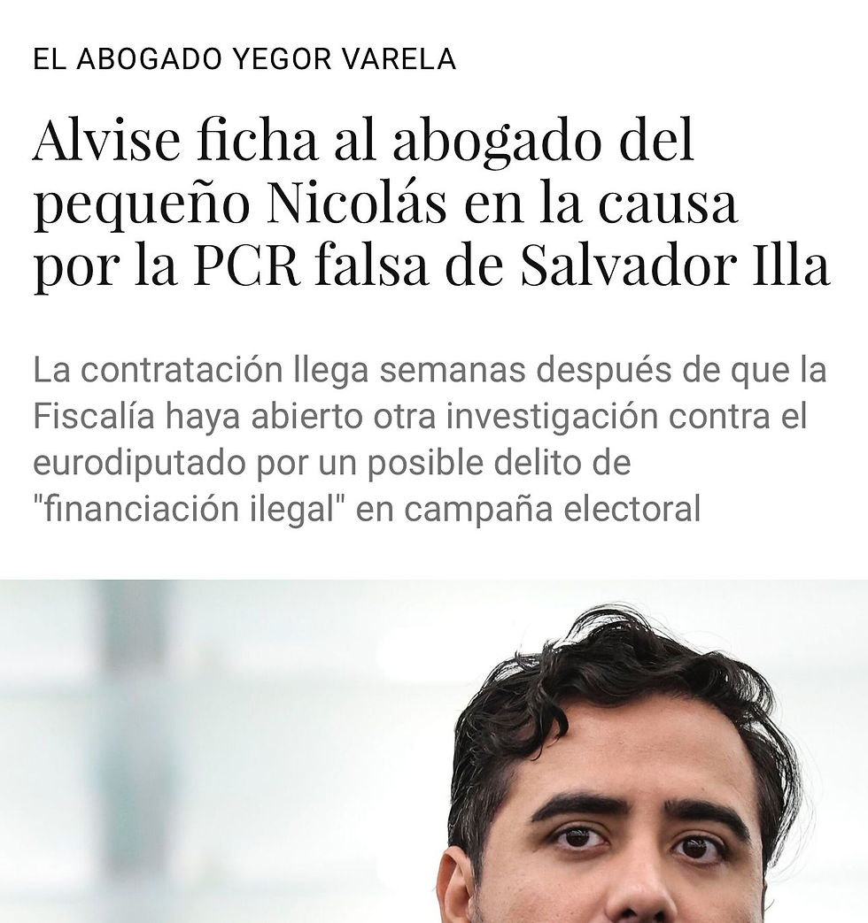 Artículo periodístico mencionando la defensa de Alvise Pérez por Yegor Varela.