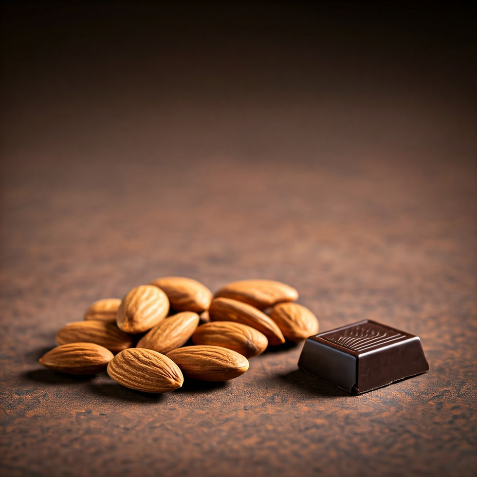 Imagem contendo amêndoas e um pedaço chocolate amargo