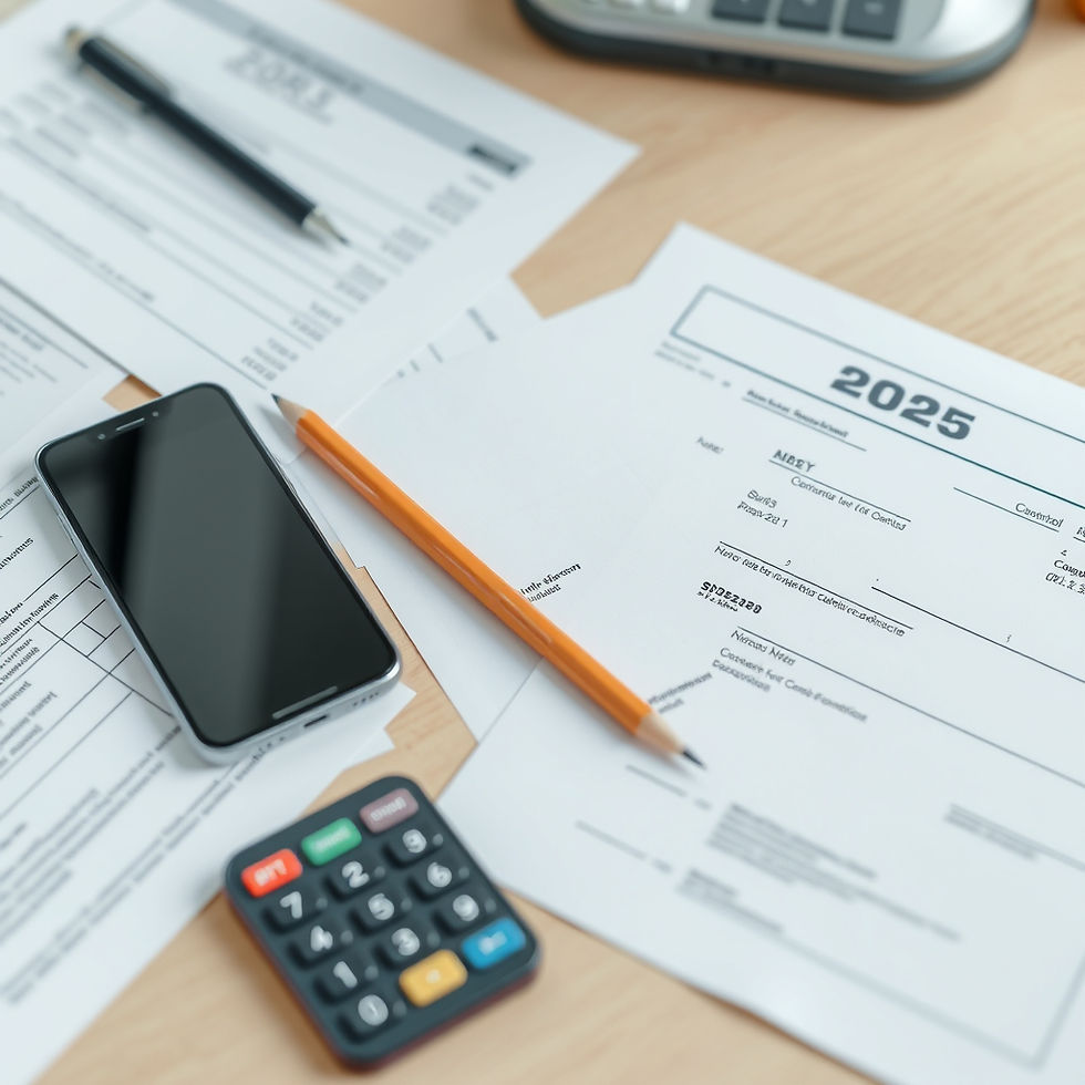 2025 tax forms and other notices spread across a desk, along with pen, pencil and calculators