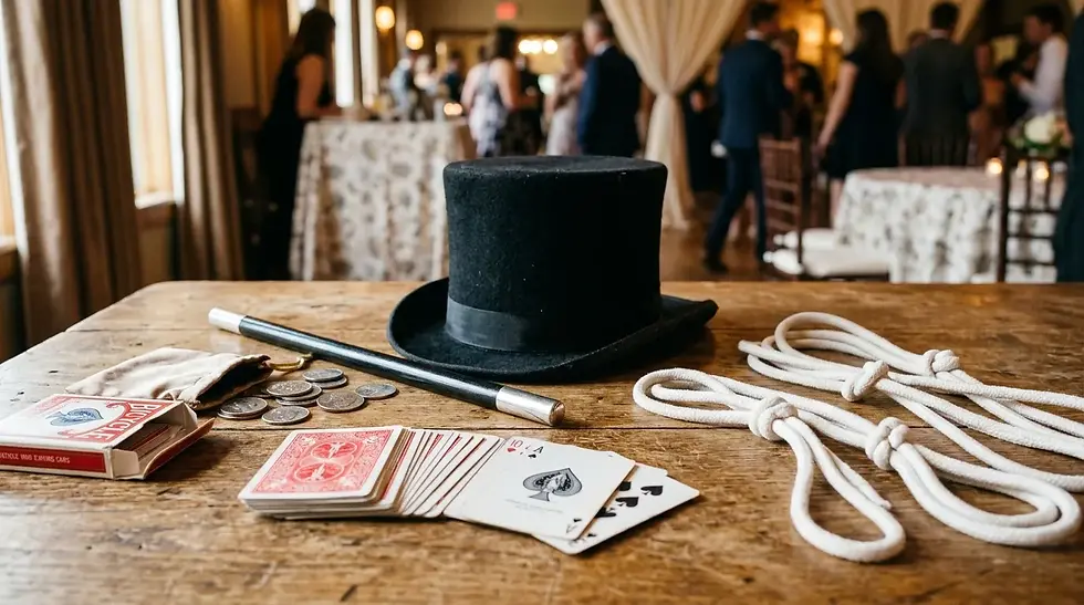 Kit d’événement de magicien: haut-de-forme, baguette, cartes, pièces, cordes sur table