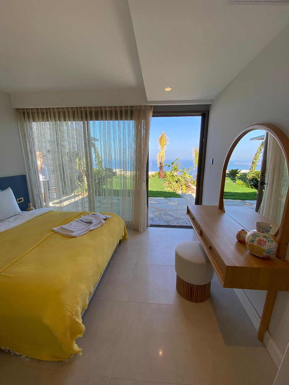 Wide angle view of a luxury villa garden with a private pool in Bodrum