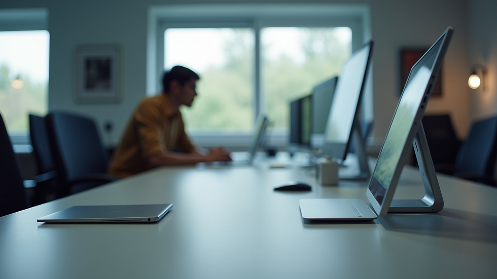 Eye-level view of a modern office workspace with digital devices