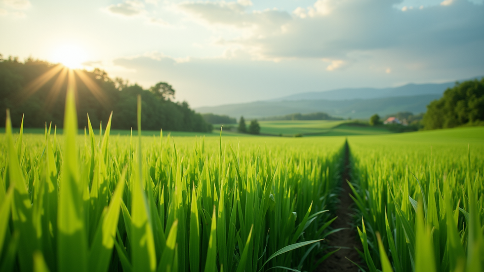 Wide angle view of a lush green landscape with sustainable farming practices