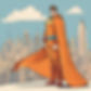 superhero wearing an orange suit and cape, with a city background.jpg