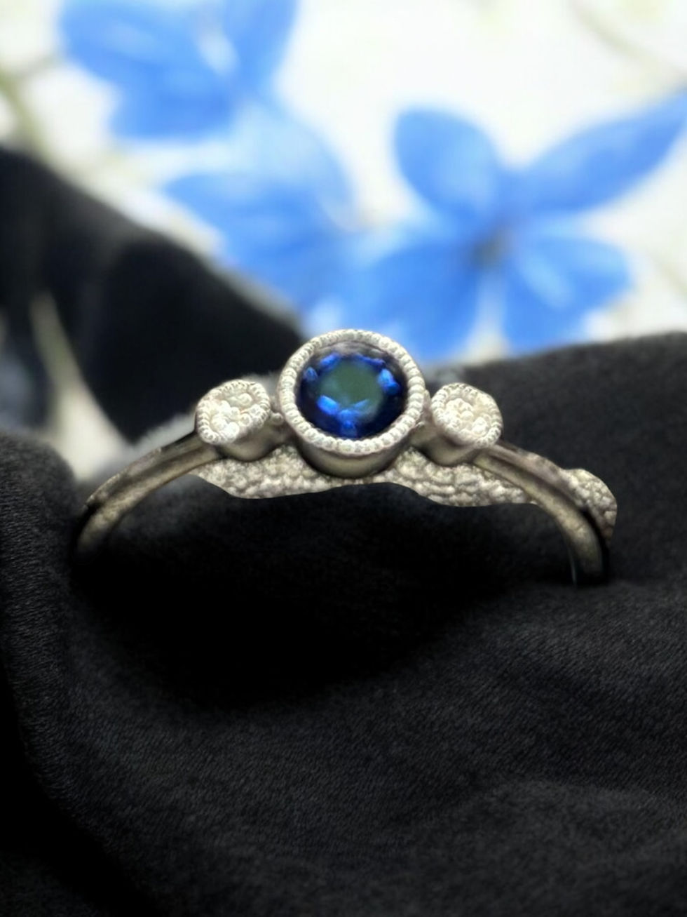 Sterling round Lab Created Blue Sapphire ring with diamonds 