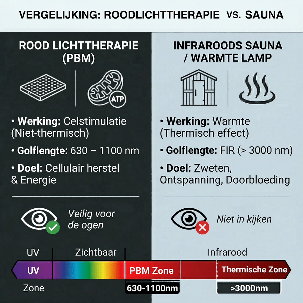 Vergelijking infographic Rood lichttherapie vs. sauna en warmtelamp