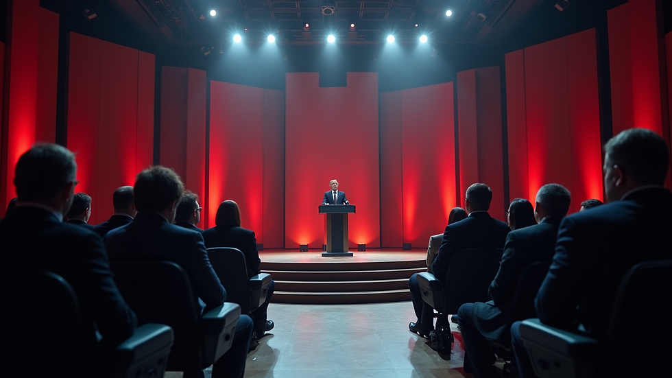 Eye-level view of a debate stage with a podium and audience seating