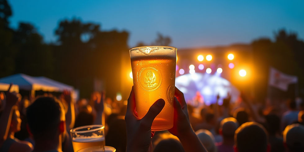 An evening outdoor music festival with crowd; some holding up cups of beer while cheering.jpg