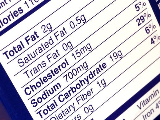 Nutrition label close-up showing Total Fat, Cholesterol, and Sodium details in black text on white with blue accents.