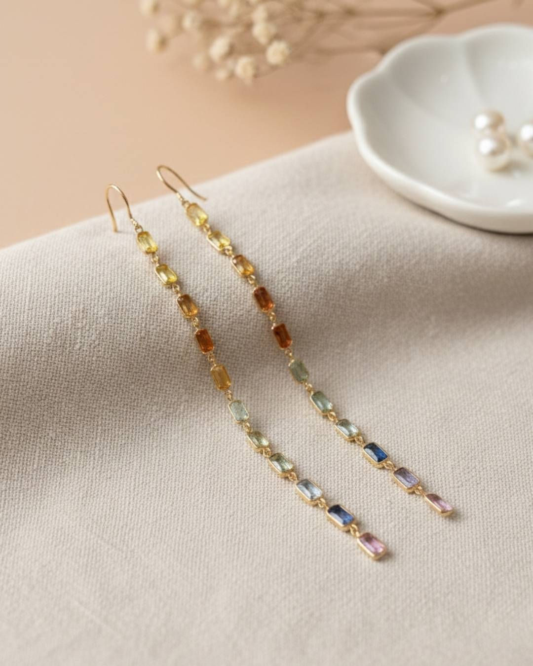 multi sapphire long drop earrings