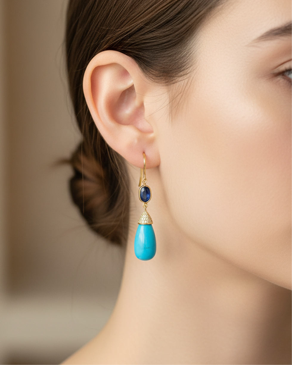 turquoise drop earrings 14k gold with sapphire and diamond