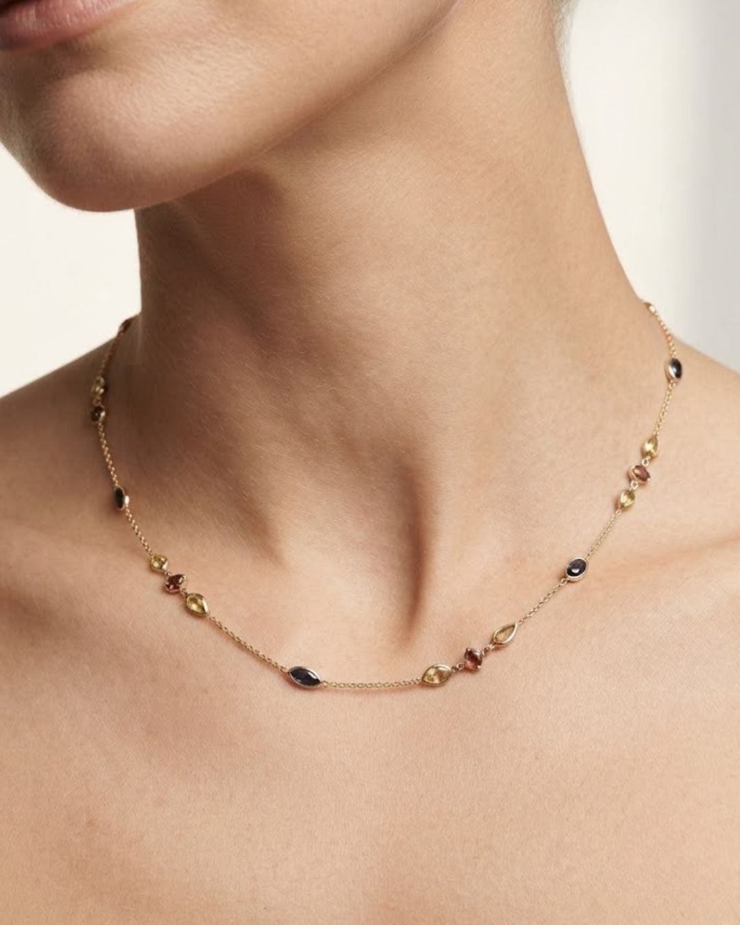 multi sapphire station necklace in solid gold