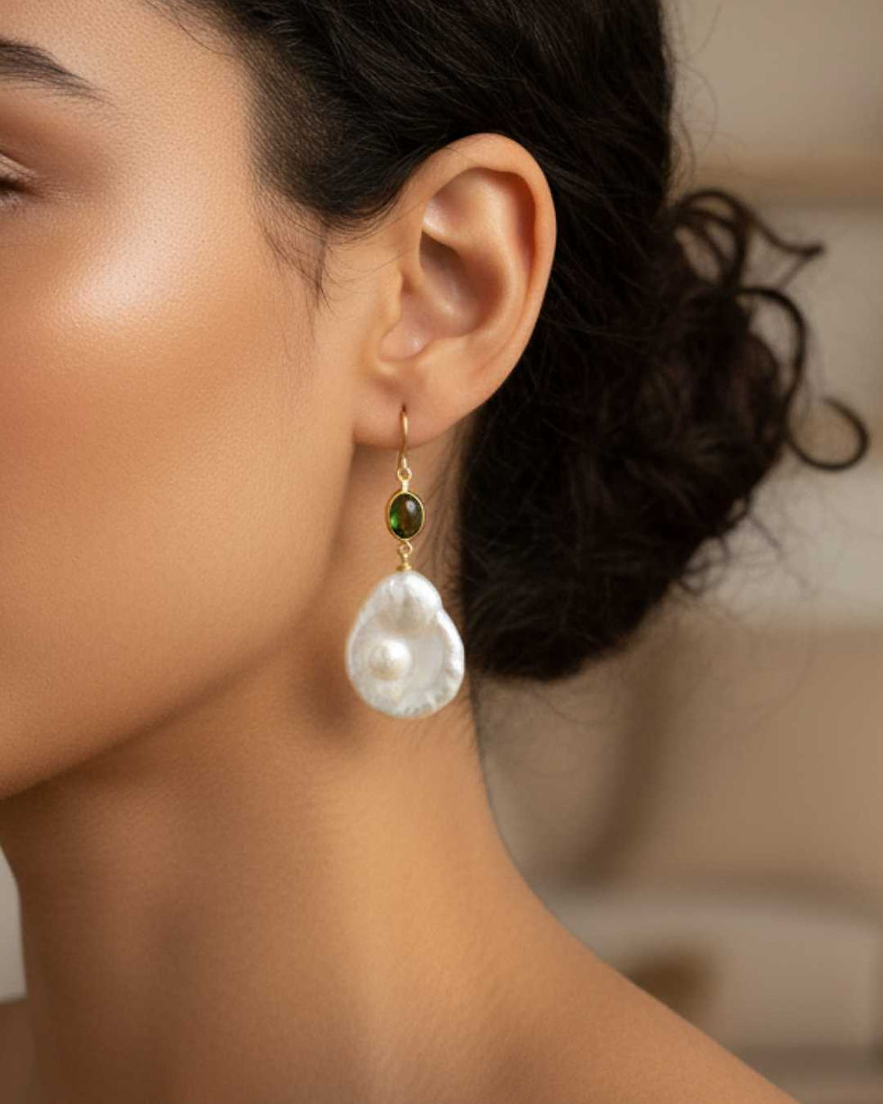 pearl and green tourmaline earrings 14k gold