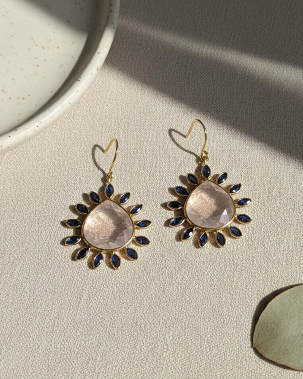 Thumbnail: natural rose quartz sapphire earrings