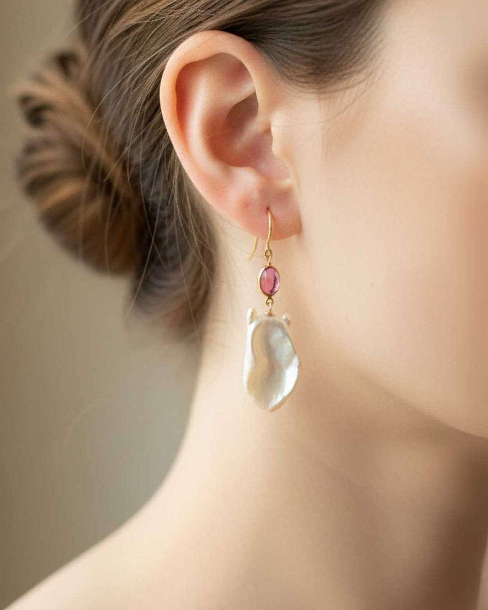 pearl and pink tourmaline earrings 14k gold