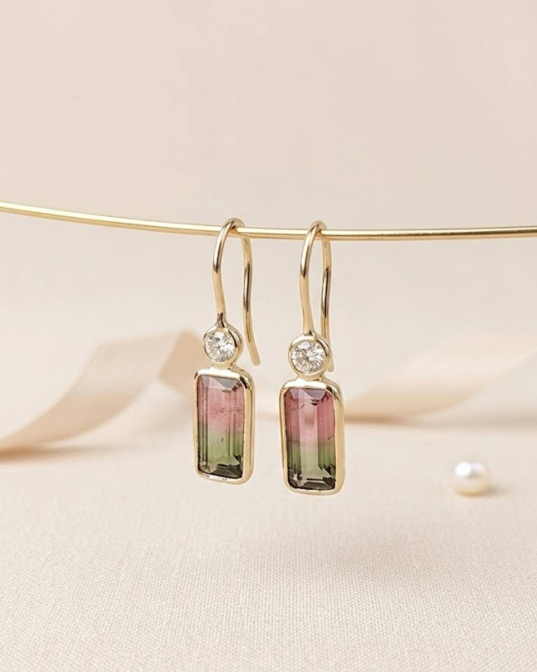 bi color tourmaline diamond drop earrings in gold