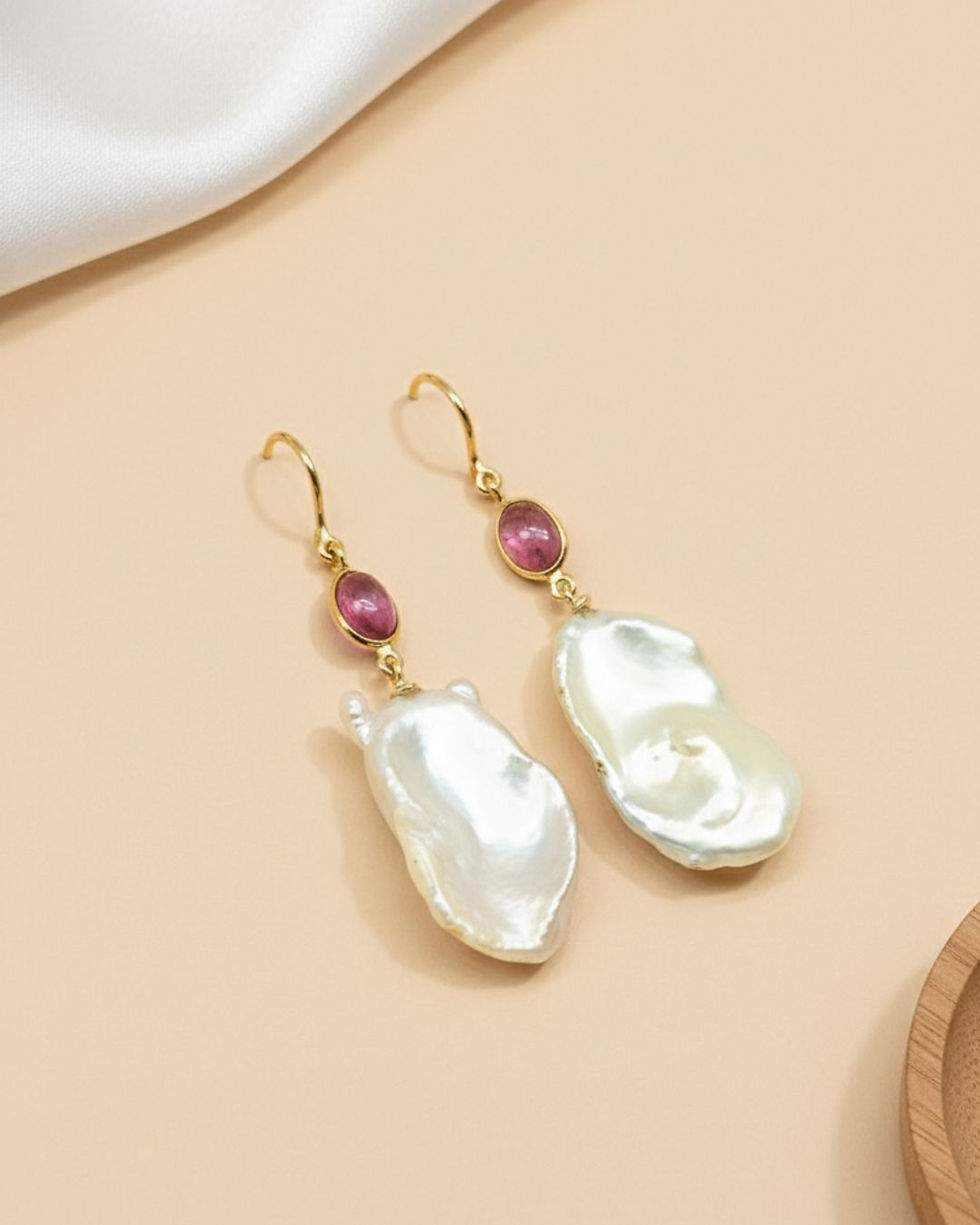 Thumbnail: Handmade 14k gold gemstone drop earrings
