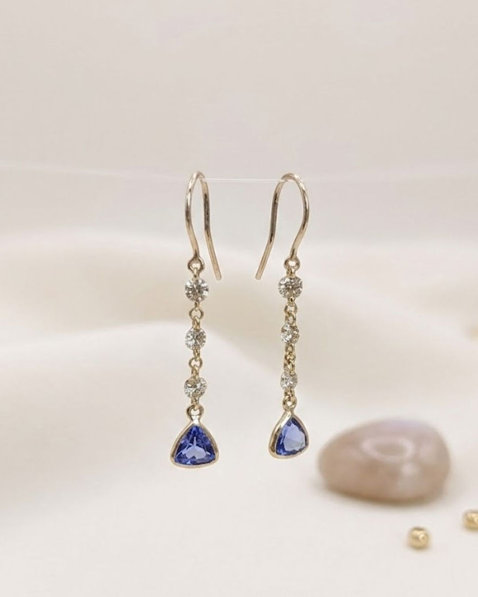Thumbnail: The Belle Triangle Tanzanite Drop Earrings with Diamond - Delicate Gold Jewelry