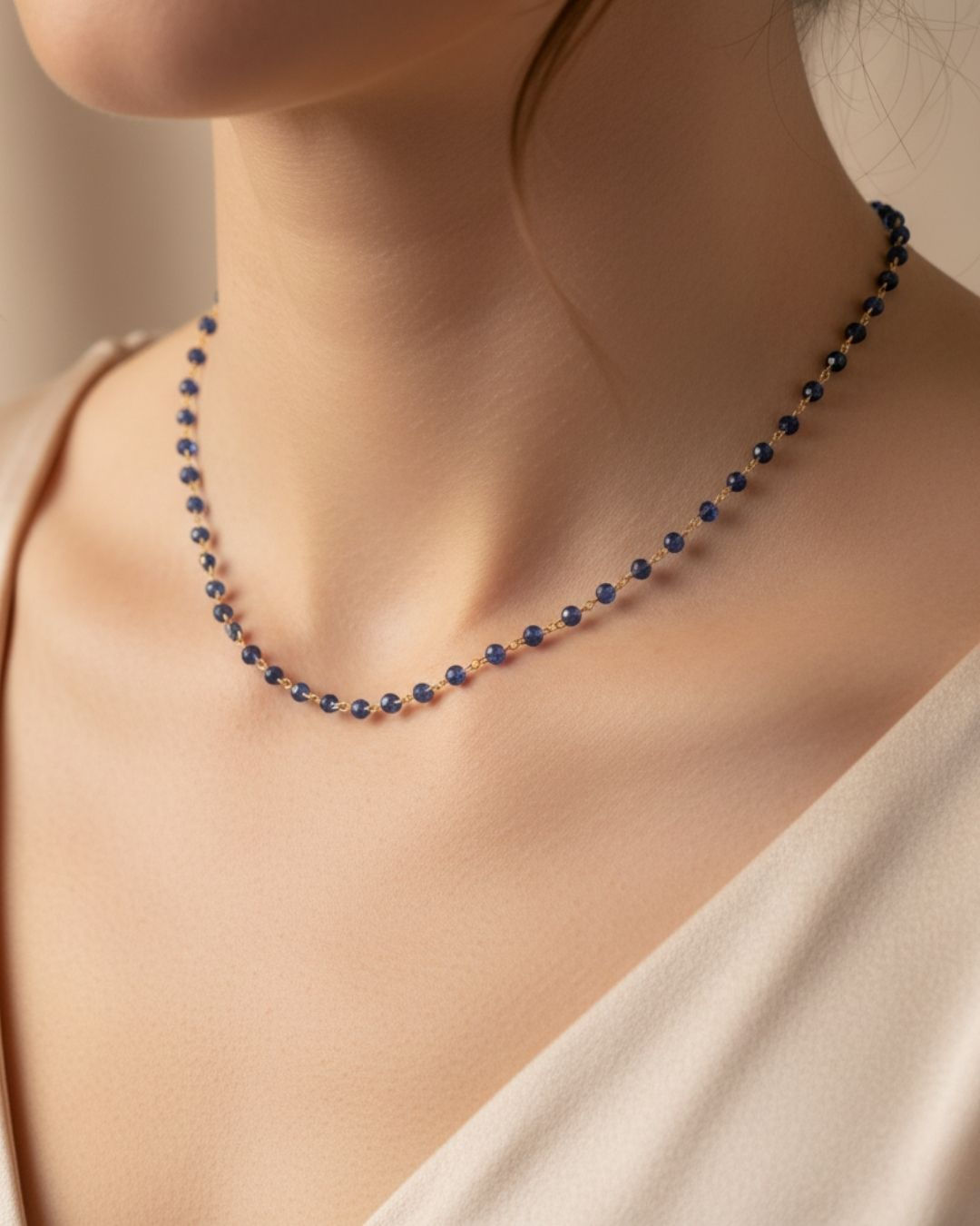 14k gold blue sapphire beaded necklace