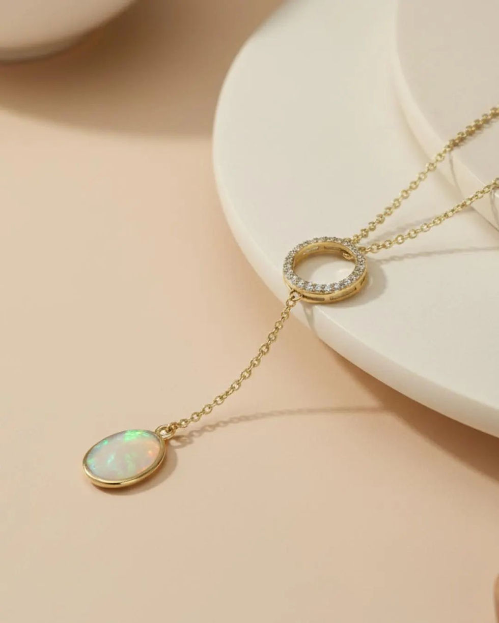 Thumbnail: long drop Y necklace with Ethiopian opal gemstone