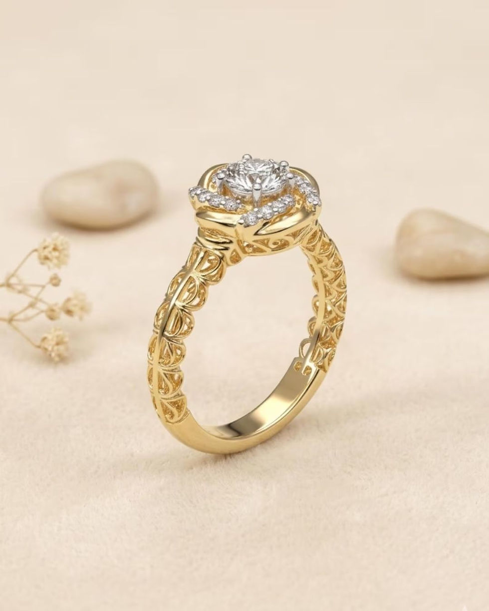 Thumbnail: floral diamond solitaire ring gold