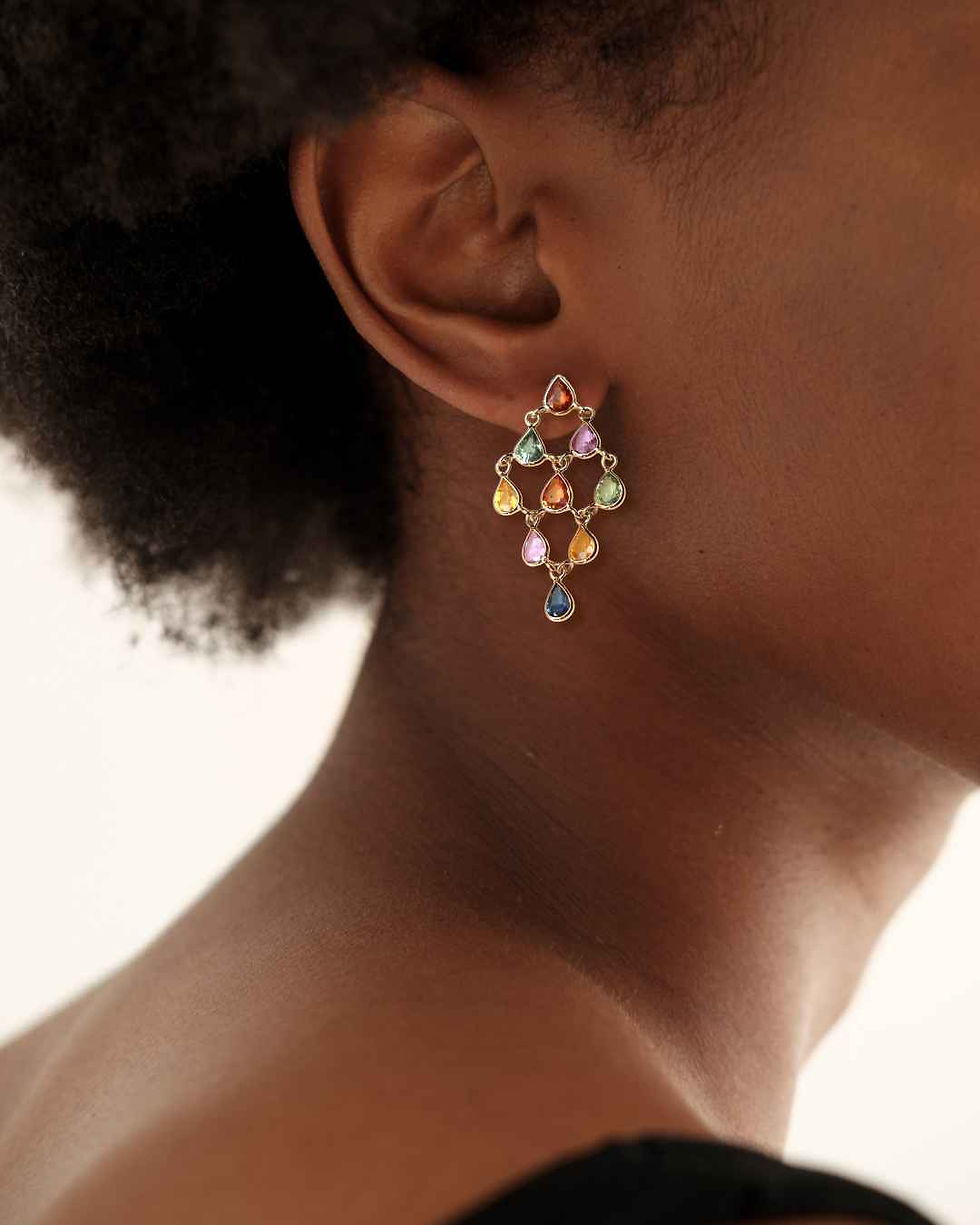 14k gold chandelier earrings with multicolor sapphire gemstone drops