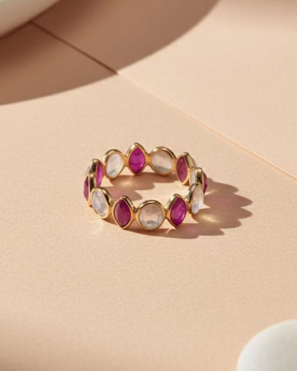 ruby rainbow moonstone eternity band gold ring