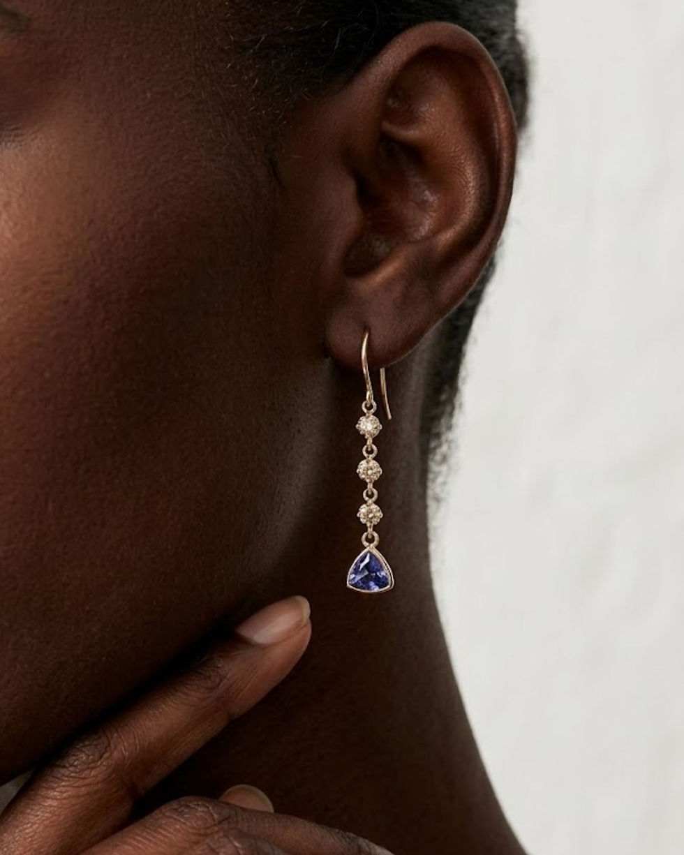 Thumbnail: The Belle Triangle Tanzanite Drop Earrings with Diamond - Delicate Gold Jewelry