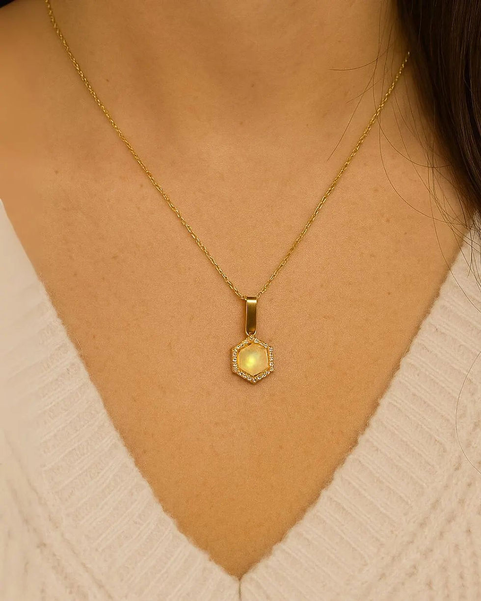 Thumbnail: gold plated hexagon opal necklace