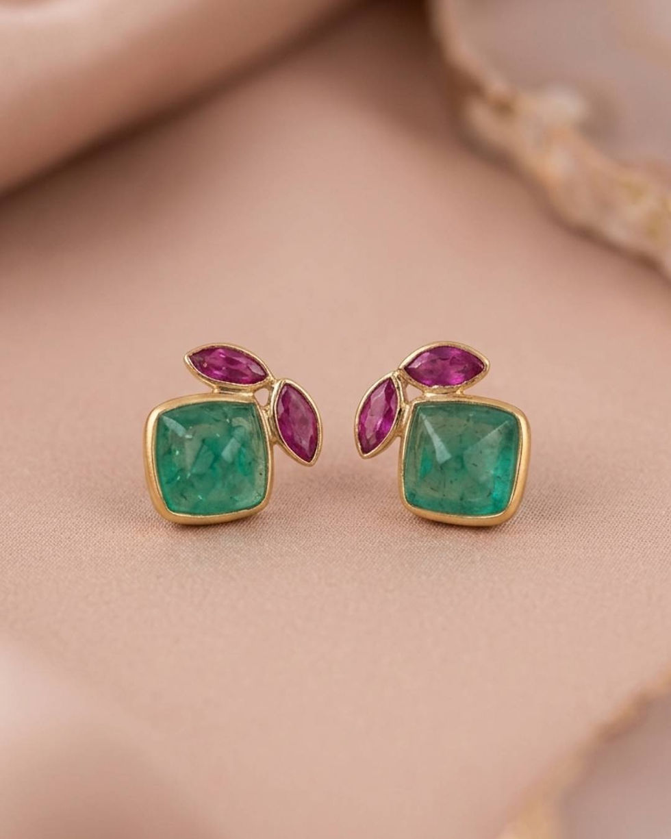 Thumbnail: The Garden of Emerald Ruby Floral Gold Earrings | Everyday Birthstone Studs
