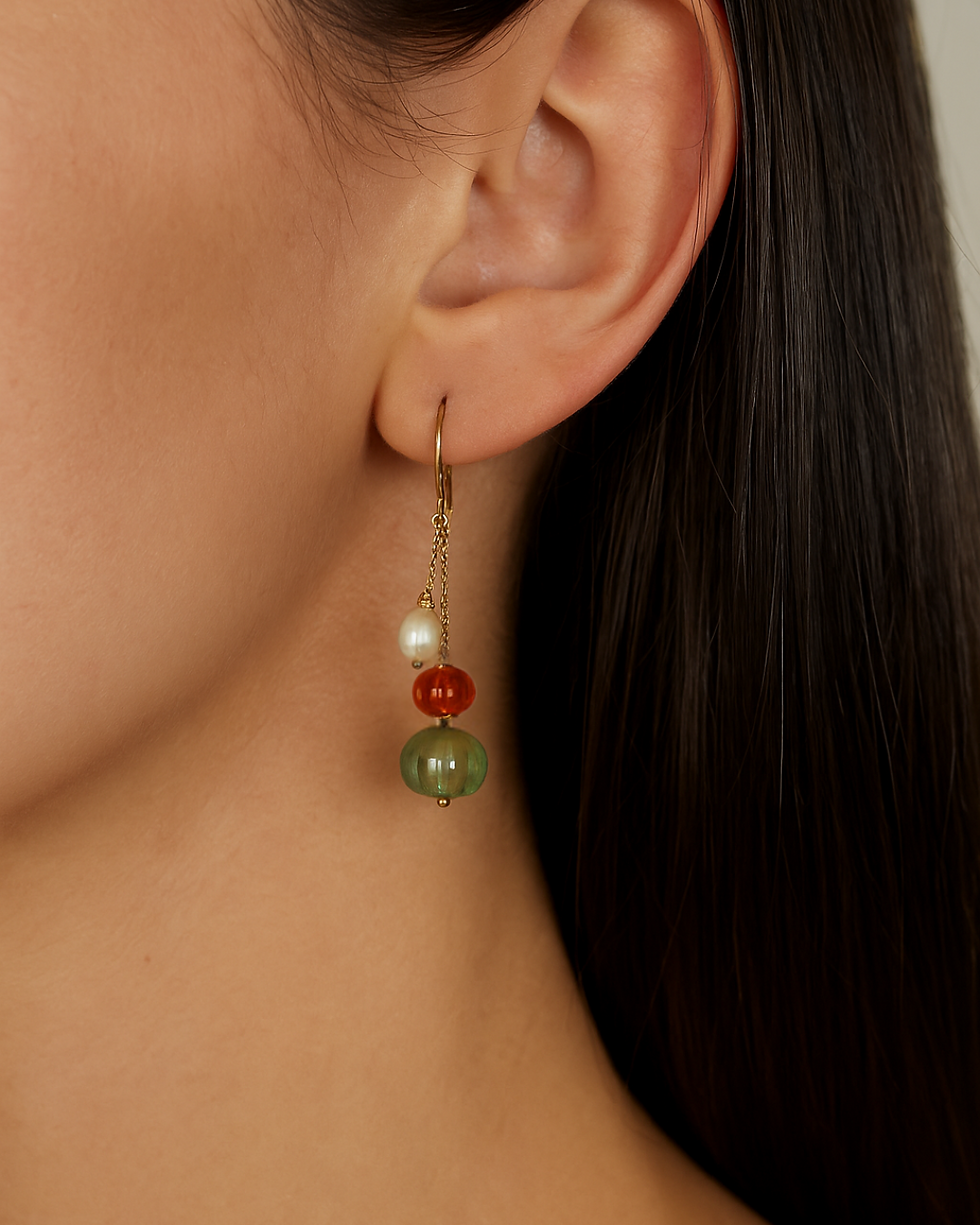14k gold drop earrings with yellow and green tourmaline and pearl gemstones