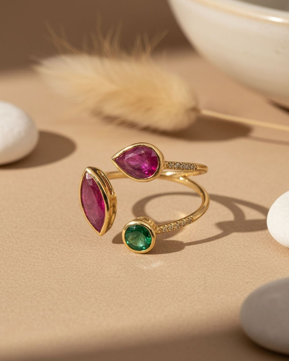 14k gold ruby emerald diamond adjustable statement ring