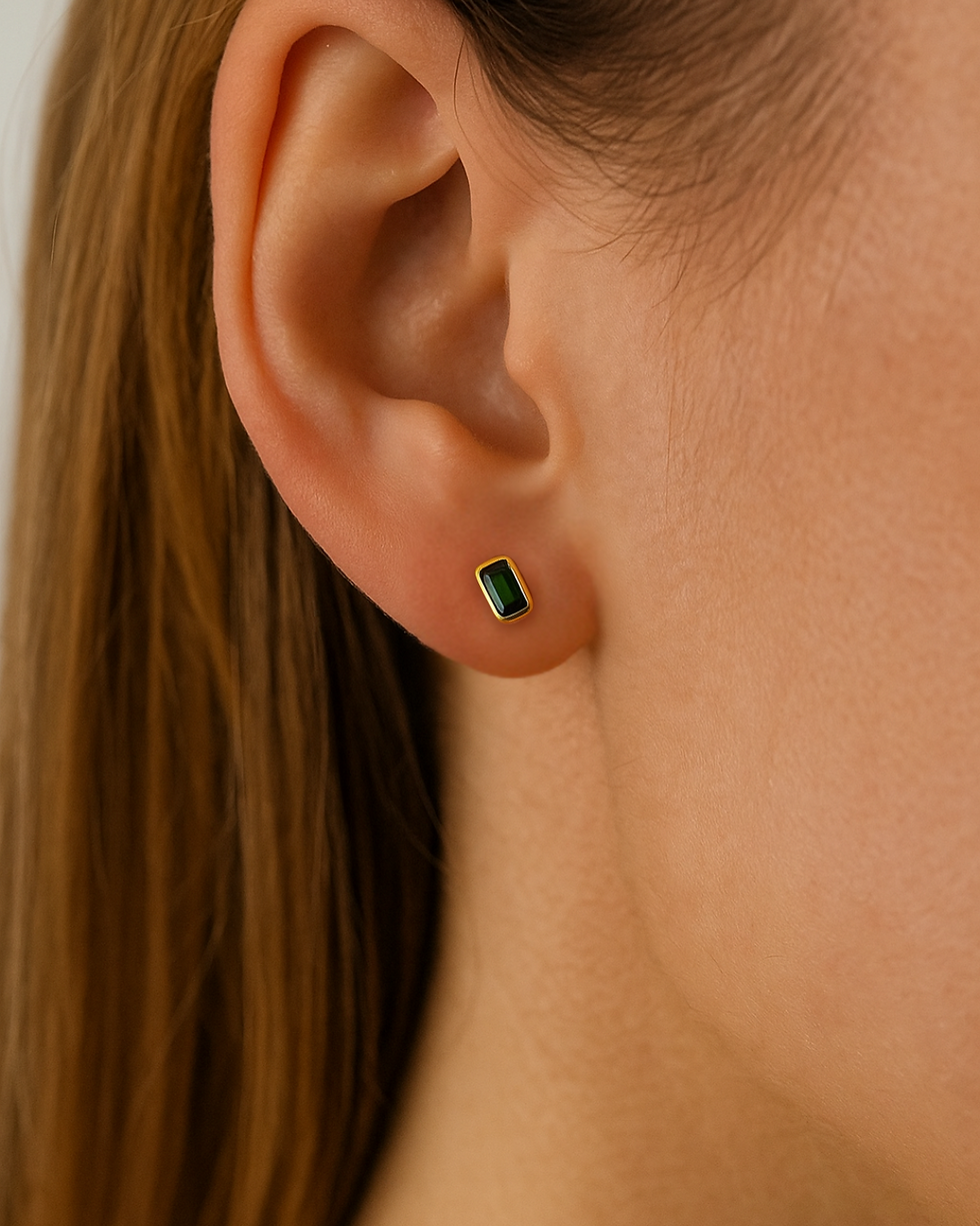 14k gold earrings with green tourmaline studs dainty and minimal jewelry