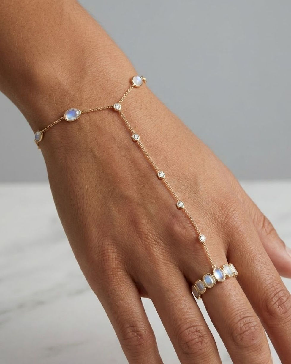 rainbow moonstone hand chain gold