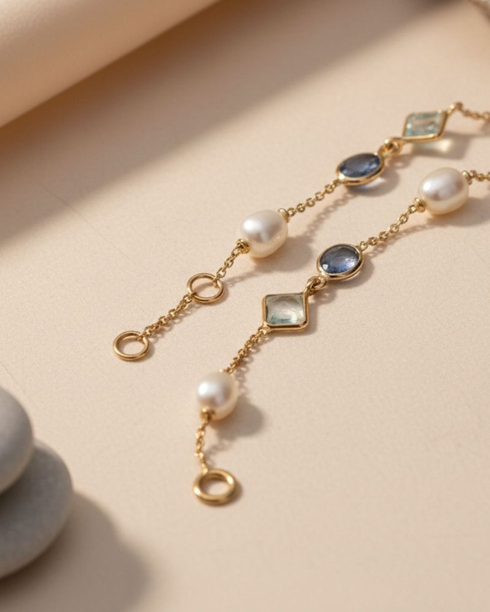 Thumbnail: Pearl aquamarine sapphire bracelet perfect gift for her