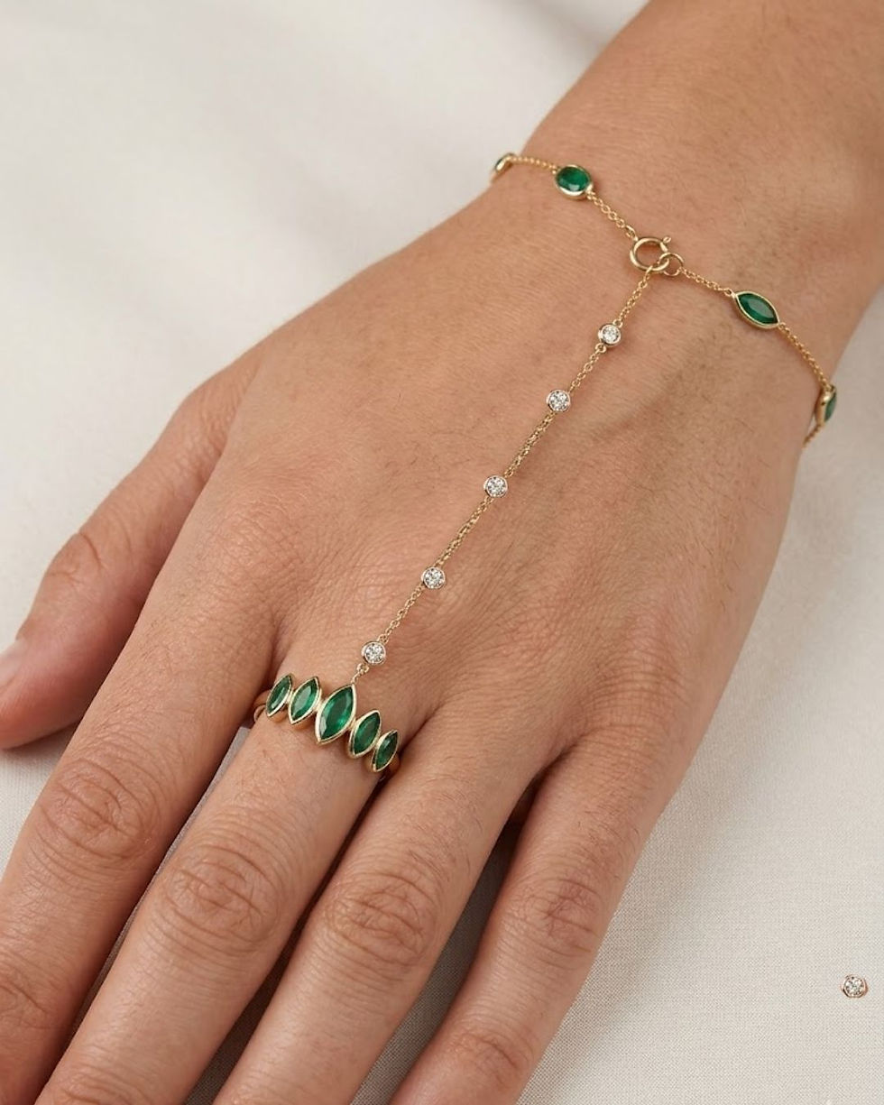Thumbnail: Emerald & Diamond Gold Hand Chain - Dainty Hathphool Wedding Festive Jewelry