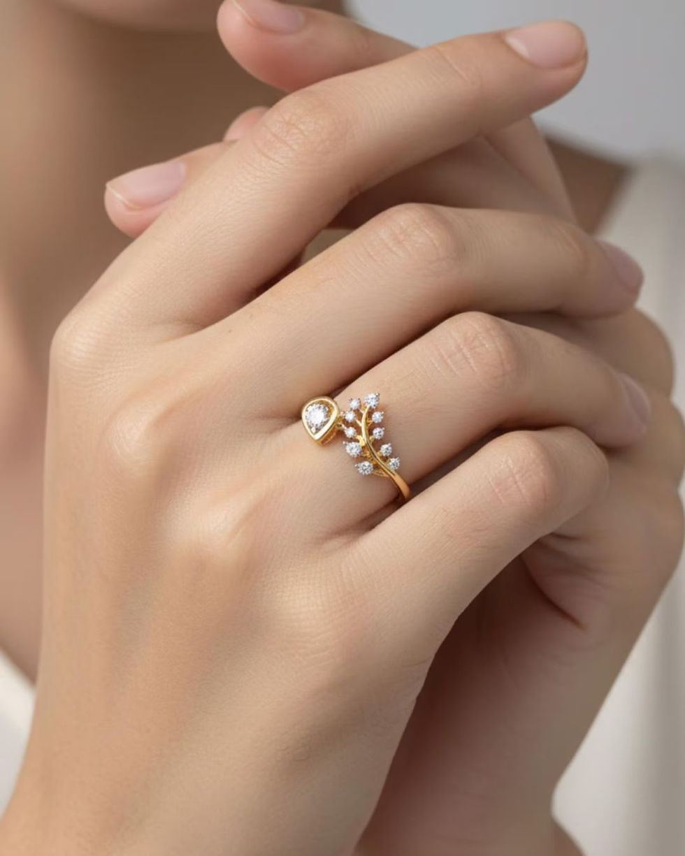 Thumbnail: dainty leaf diamond ring gold
