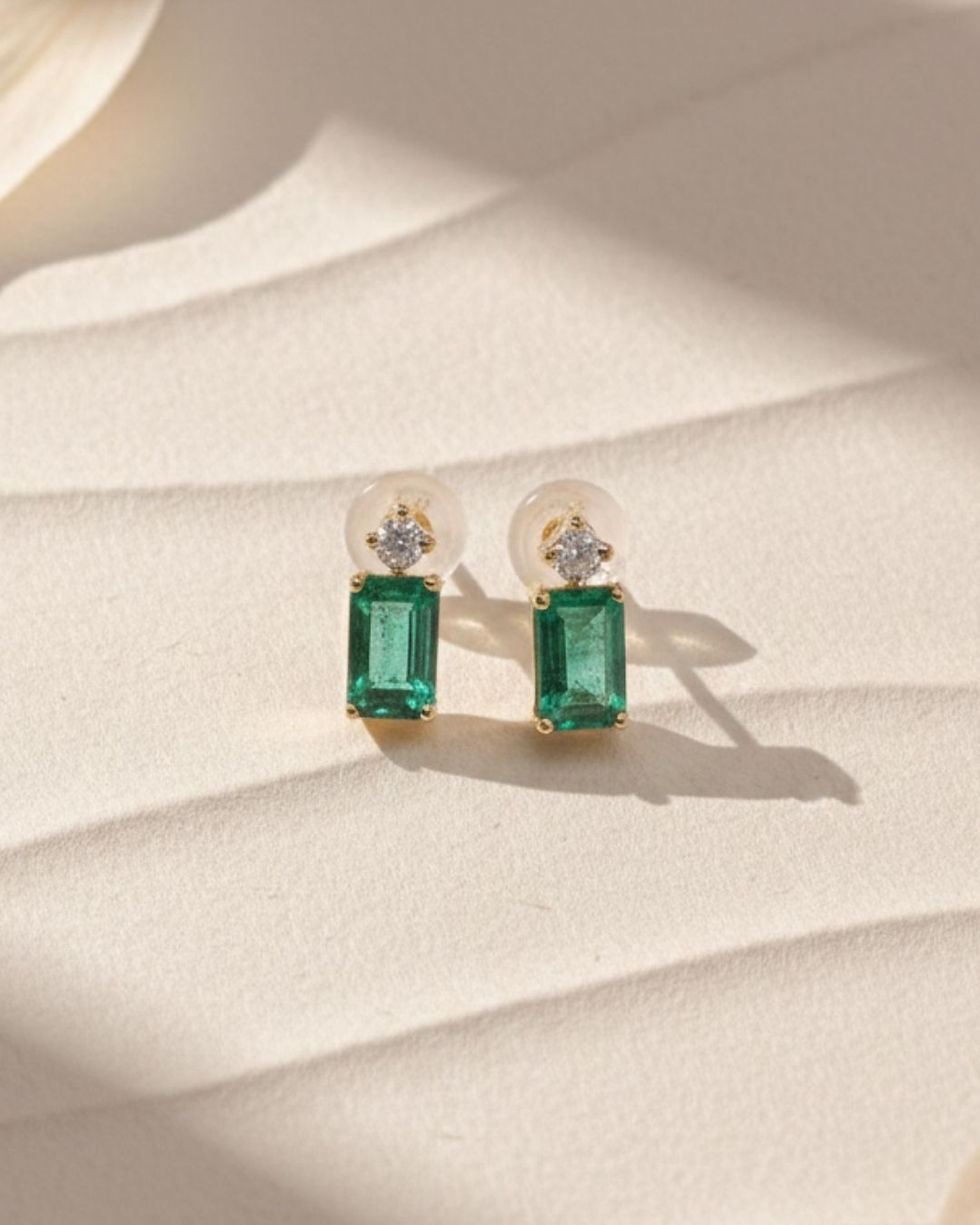 Thumbnail: small emerald diamond earrings