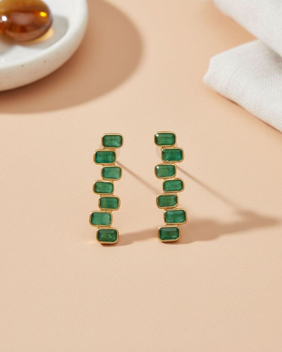 Thumbnail: Natural emerald gemstone stud earrings fine gold jewelry