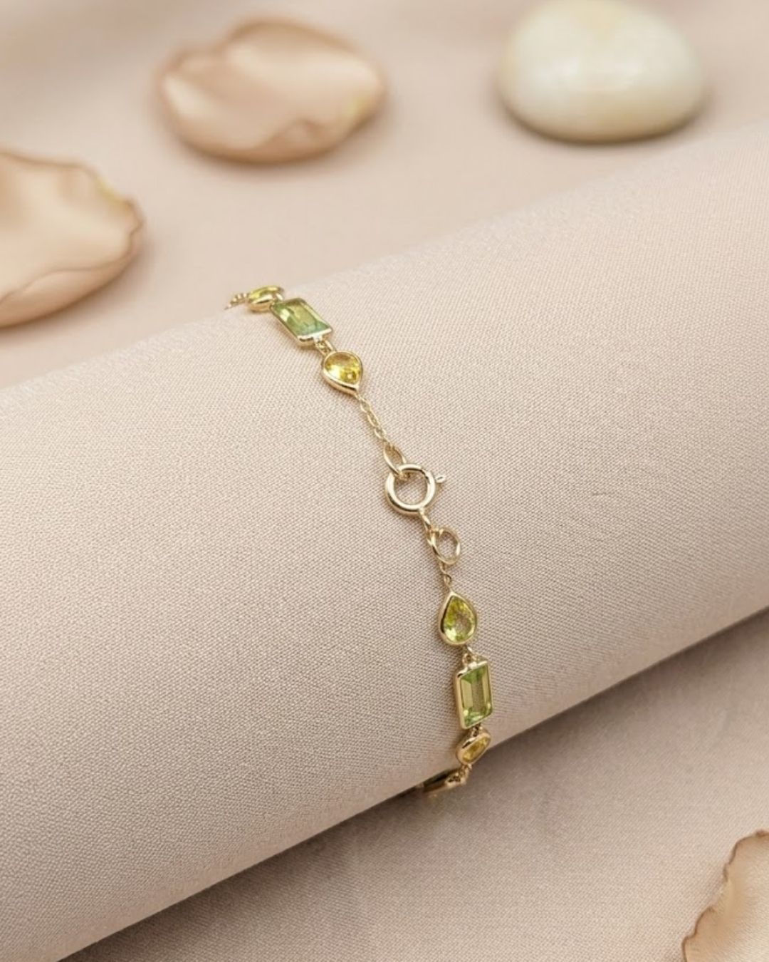 green and yellow sapphire station bracelet in solid gold