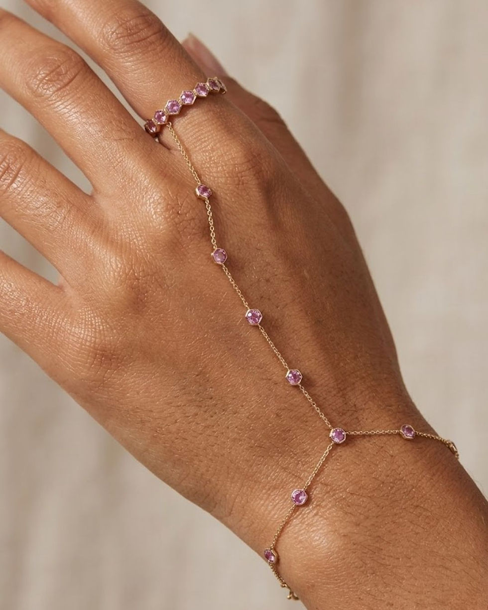 pink sapphire hand chain in solid gold