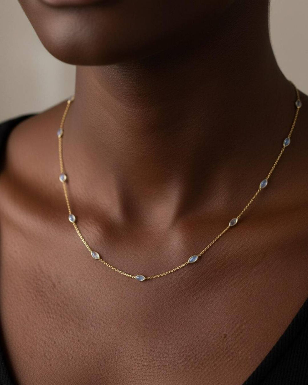 rainbow moonstone station necklace in 14k gold