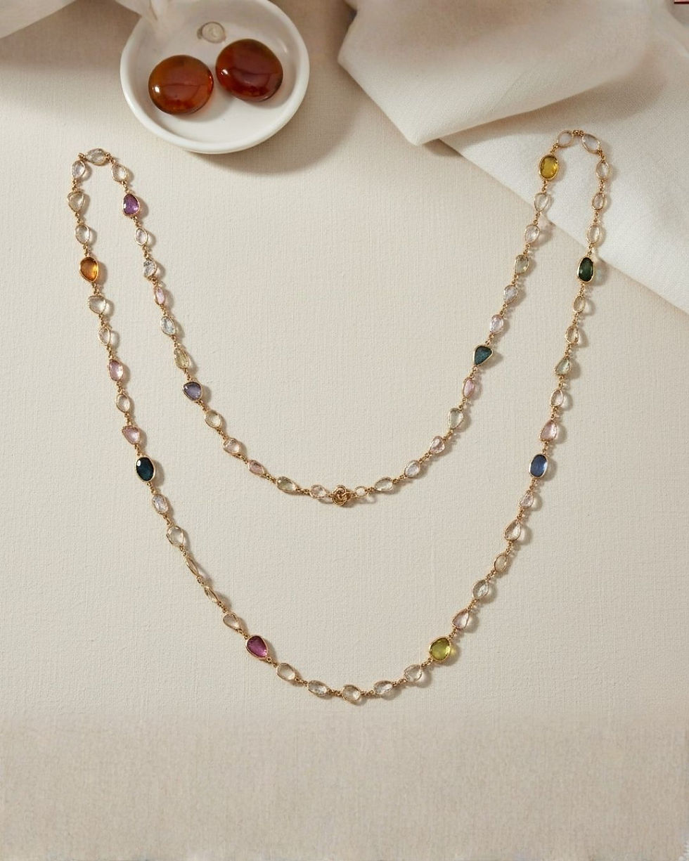 Thumbnail: Fine gold station necklace with colorful sapphire gemstones