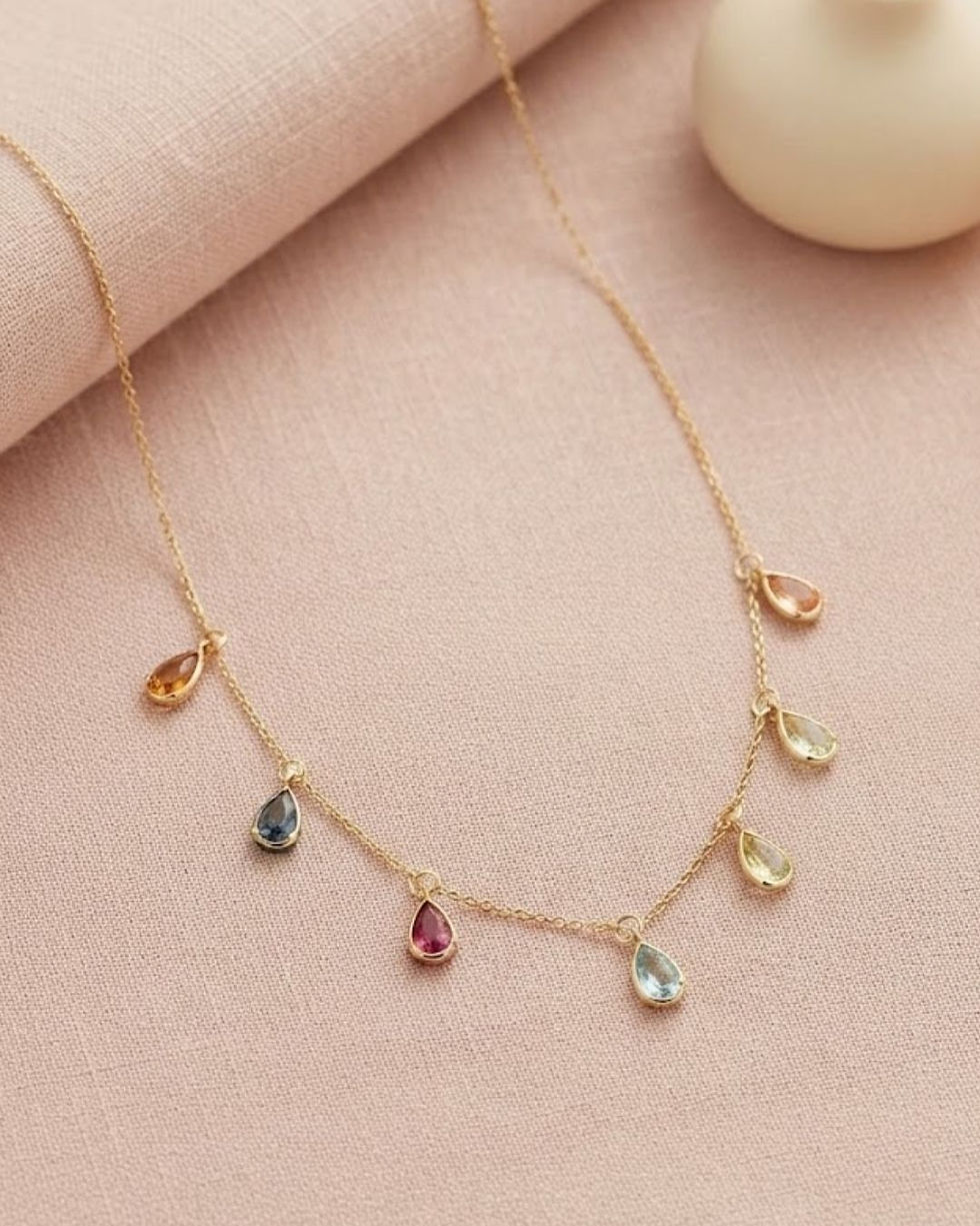 multi sapphire drop charms necklace in solid gold